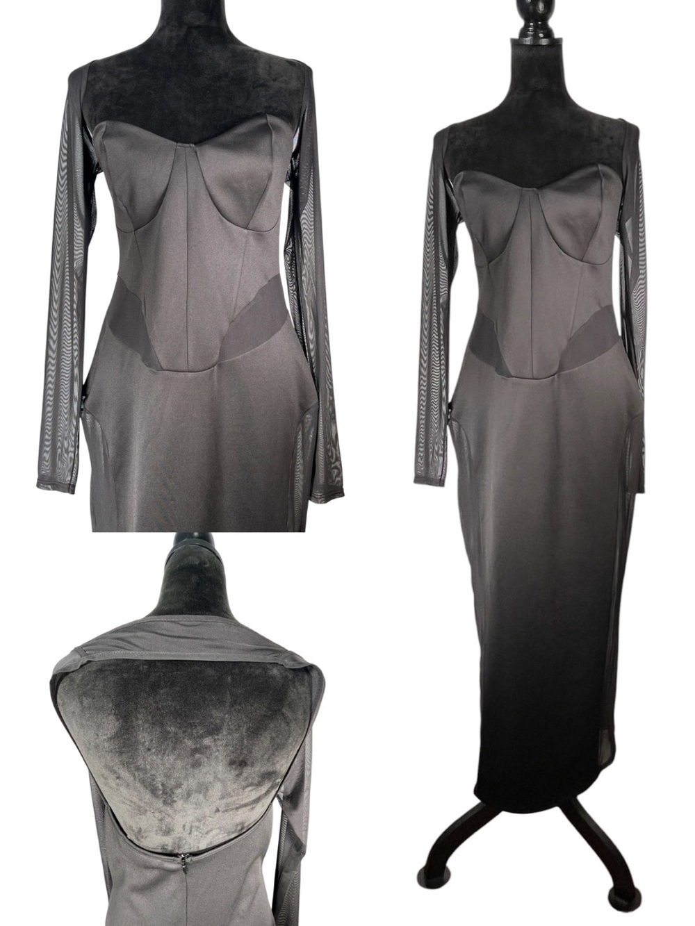 ASOS Black Maxi Dress Cocktail Mesh-Sleeve Corset Bodice Long Column Goth 12